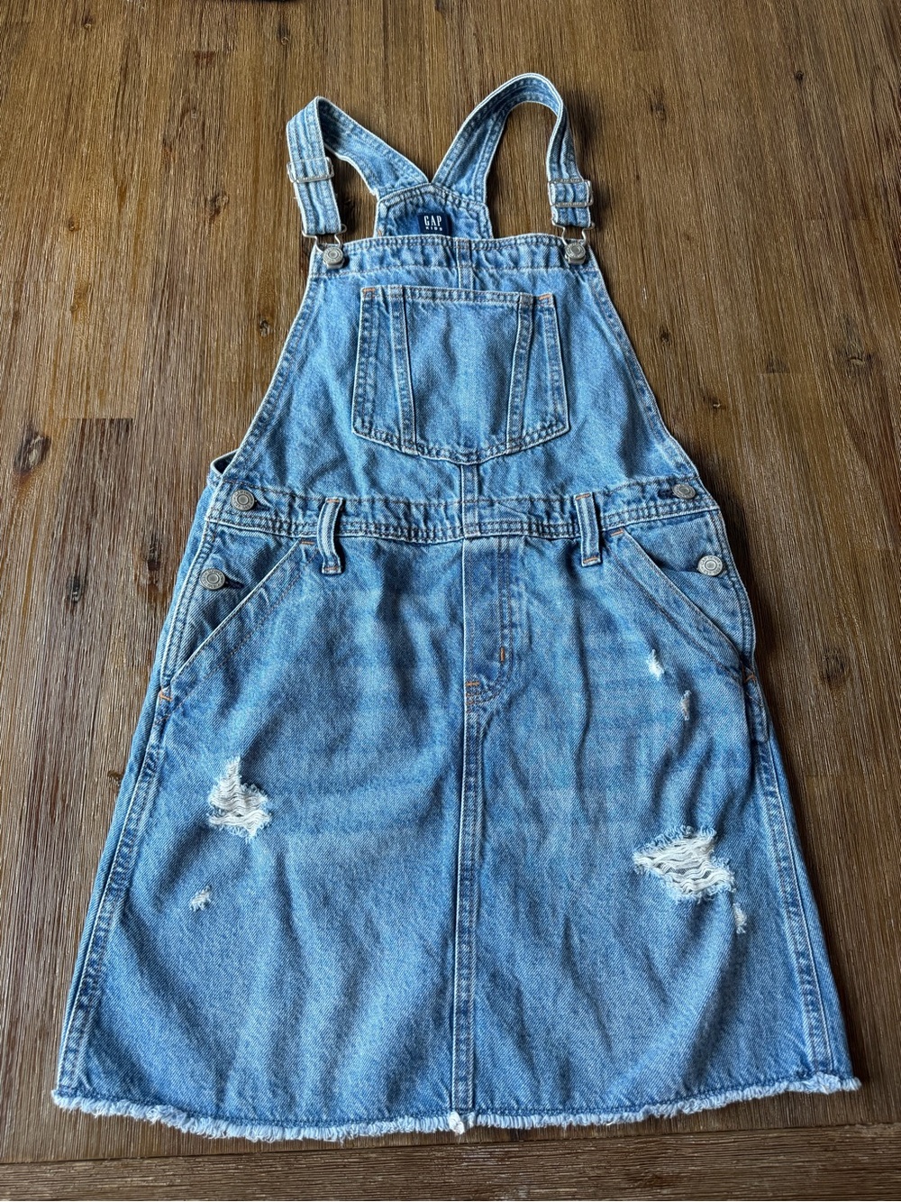 3/27$ GAP Girls Blue Distressed Denim Overall Dress size XL